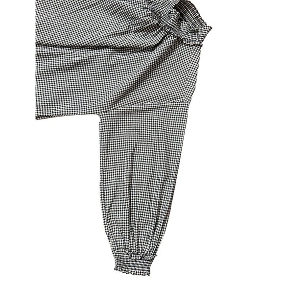 Zara Basic Black White Checked Long Sleeve Dress M 2 Pockets Ruffle Mock Neck - Picture 5 of 11